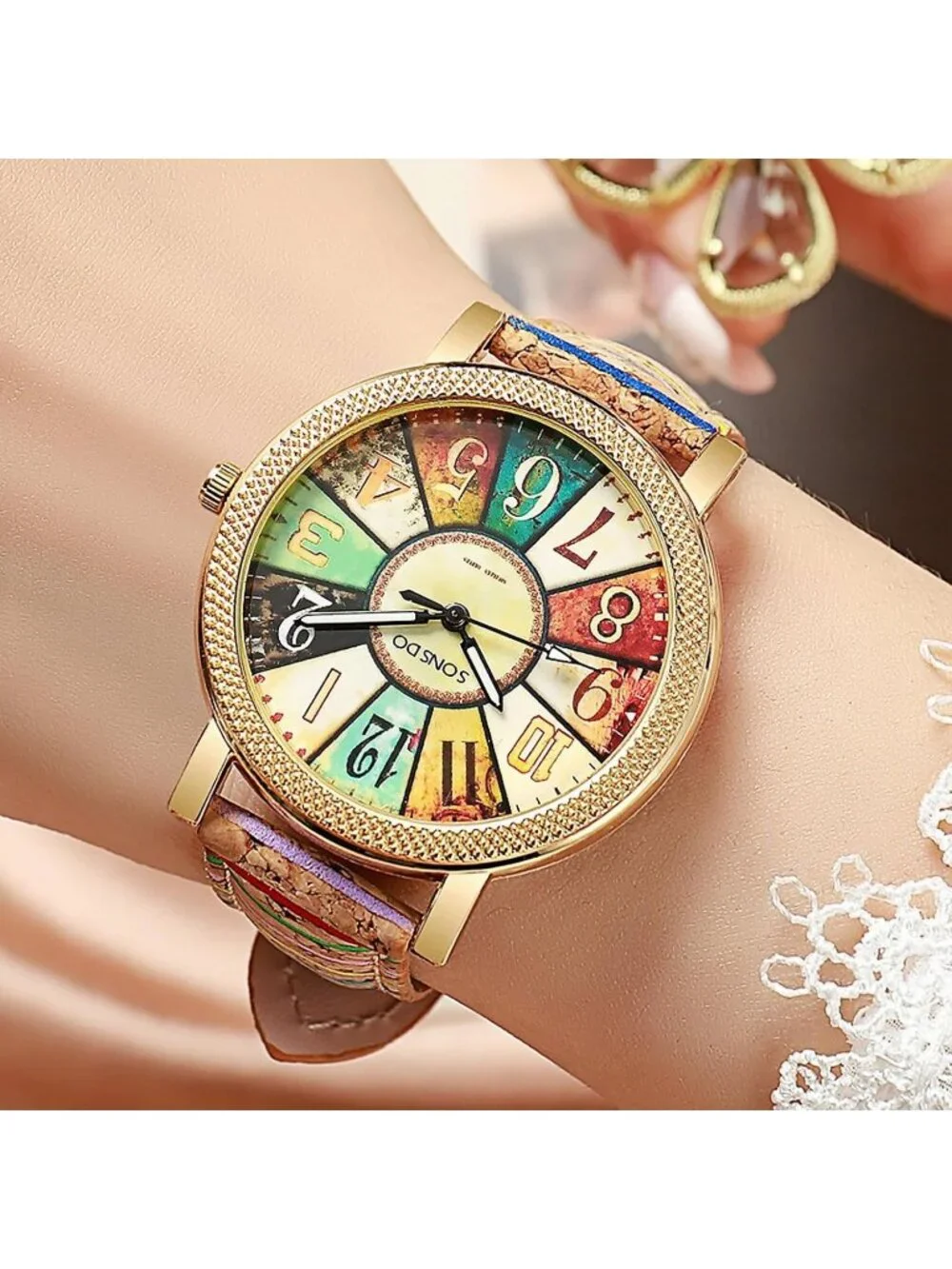 Women's Gold Creative Multicolor Woven Strap Fashion Rainbow Pattern Watches
